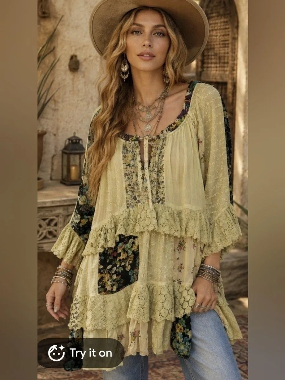 Boho 3 Tier Lace Patchwork Peasant Top - Light Olive Floral
